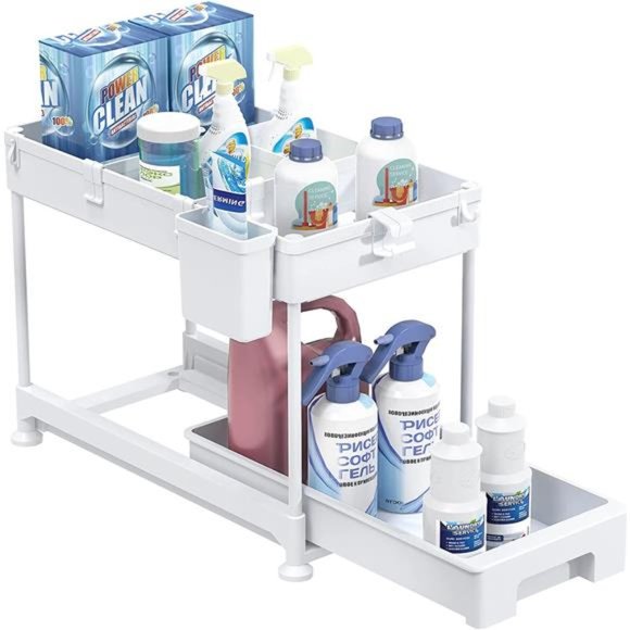 Under Sink Organizer, Sliding Cabinet Basket Organizer 2 Tier with Hooks,White solofficialkw.com